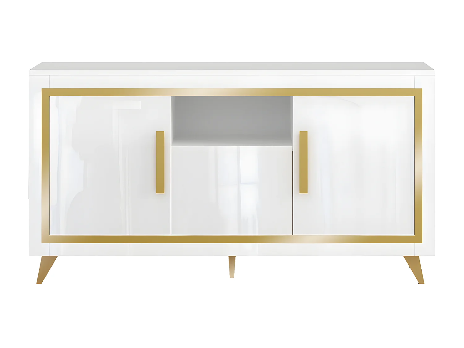 JEMMA - Buffet 3 Portes Laqué Blanc et Décor Doré avec Leds