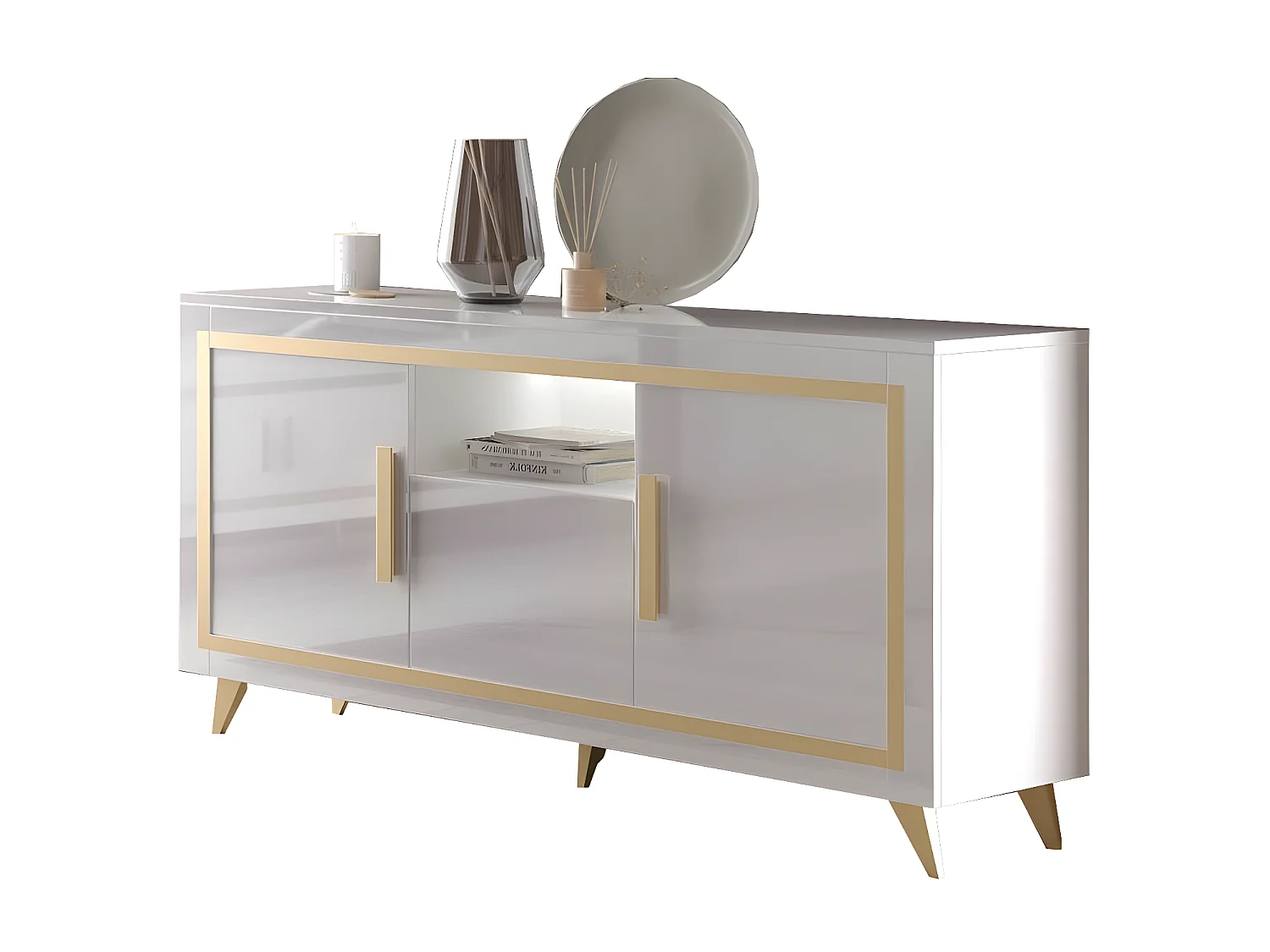 JEMMA - Buffet 3 Portes Laqué Blanc et Décor Doré avec Leds