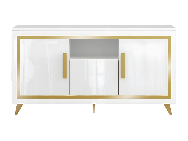 JEMMA - Buffet 3 Portes Laqué Blanc et Décor Doré avec Leds
