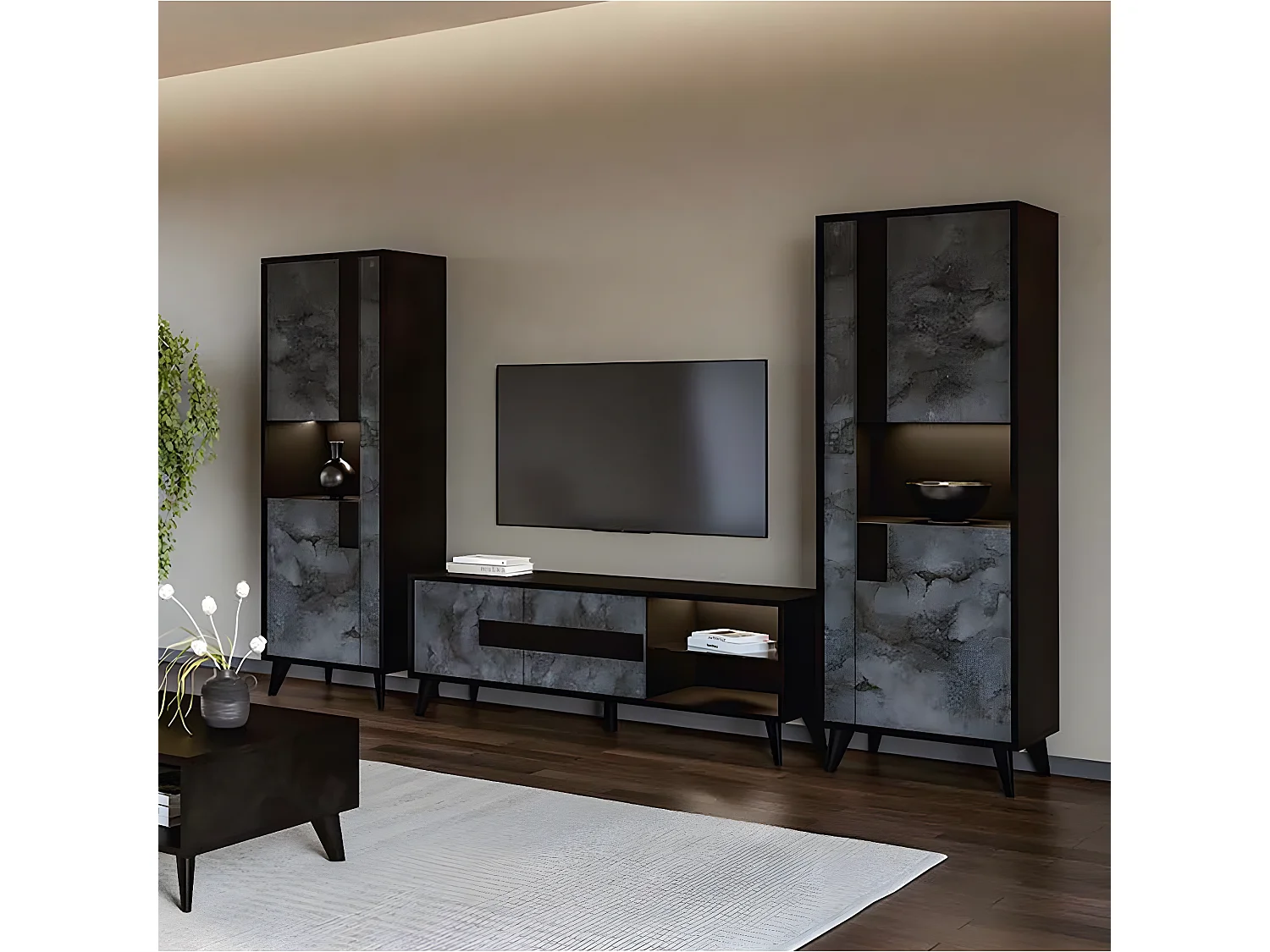 SEATTLE - Colonne de Rangement Droite Noire et Effet Métal Oxydé avec Leds