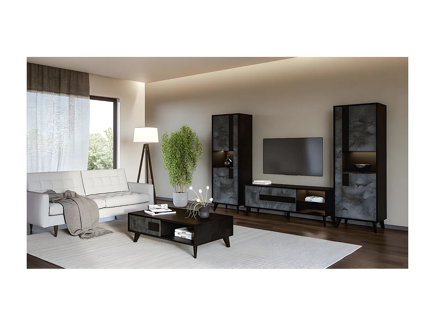 SEATTLE - Colonne de Rangement Droite Noire et Effet Métal Oxydé avec Leds