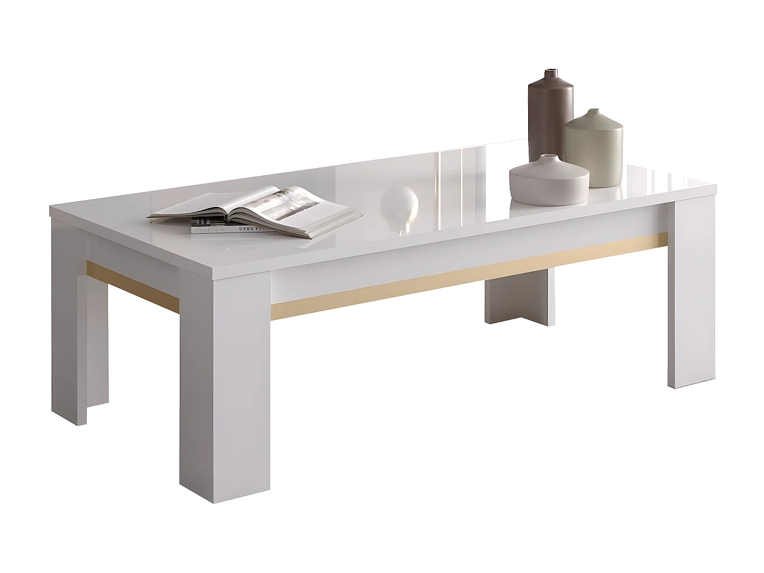 JEMMA - Table Basse Laquée Blanc et Décor Doré