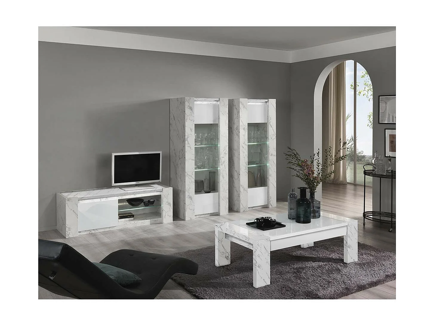 PRAVA - Table Basse L130cm Laquée Blanc et Effet Marbre