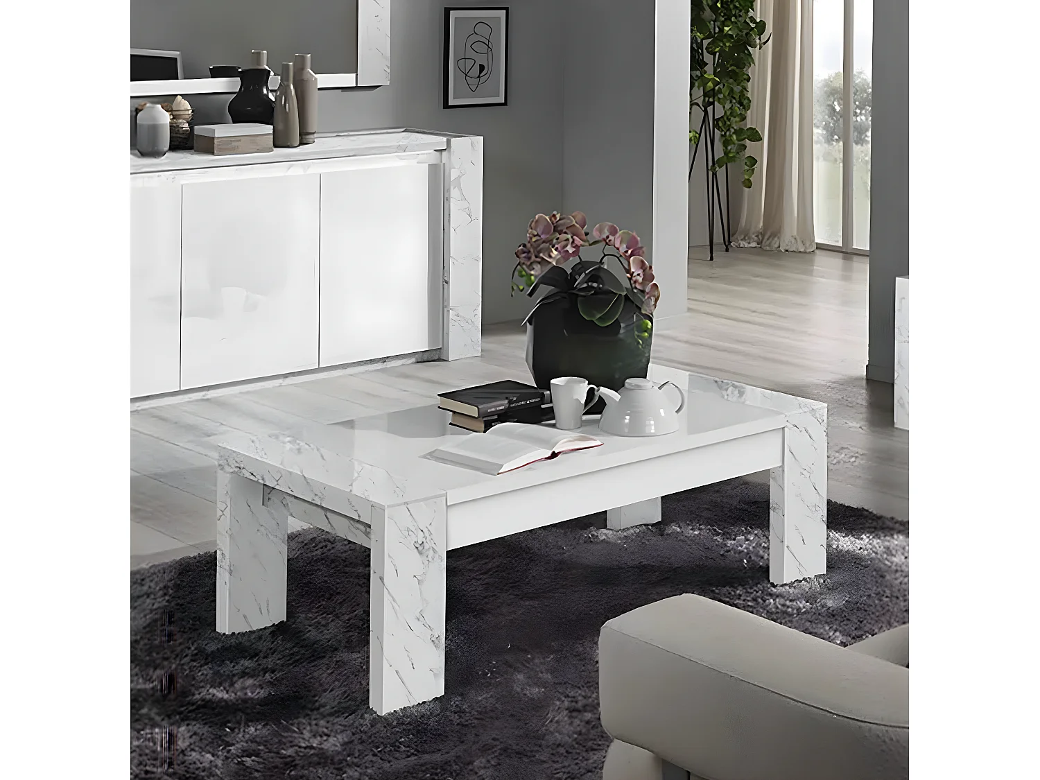 PRAVA - Table Basse L130cm Laquée Blanc et Effet Marbre