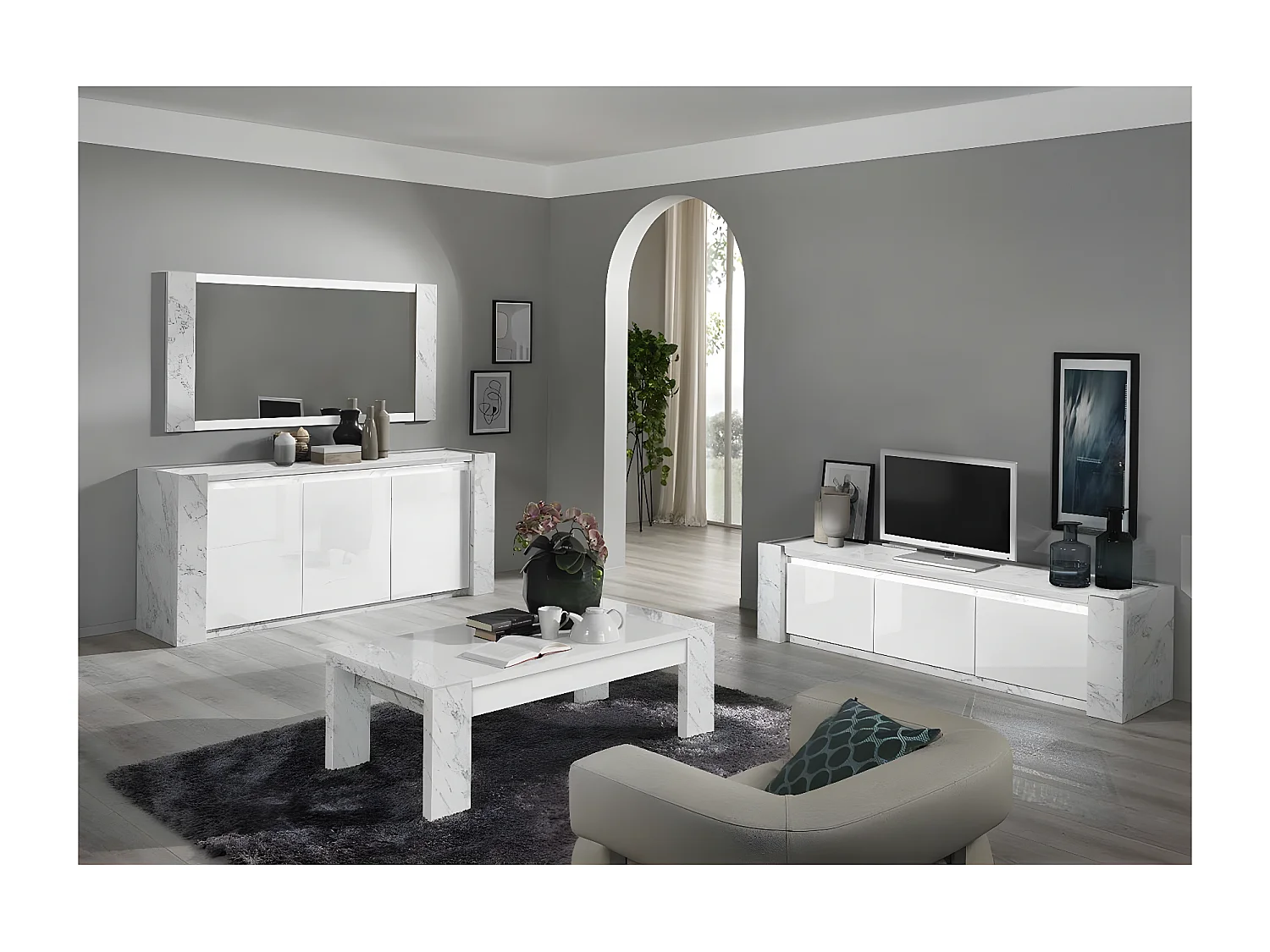 PRAVA - Table Basse L130cm Laquée Blanc et Effet Marbre