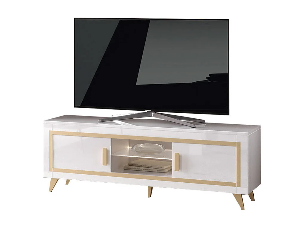 JEMMA - Ensemble Salon Complet Blanc Décor Doré Meuble TV et Vitrines avec Leds + Table Basse