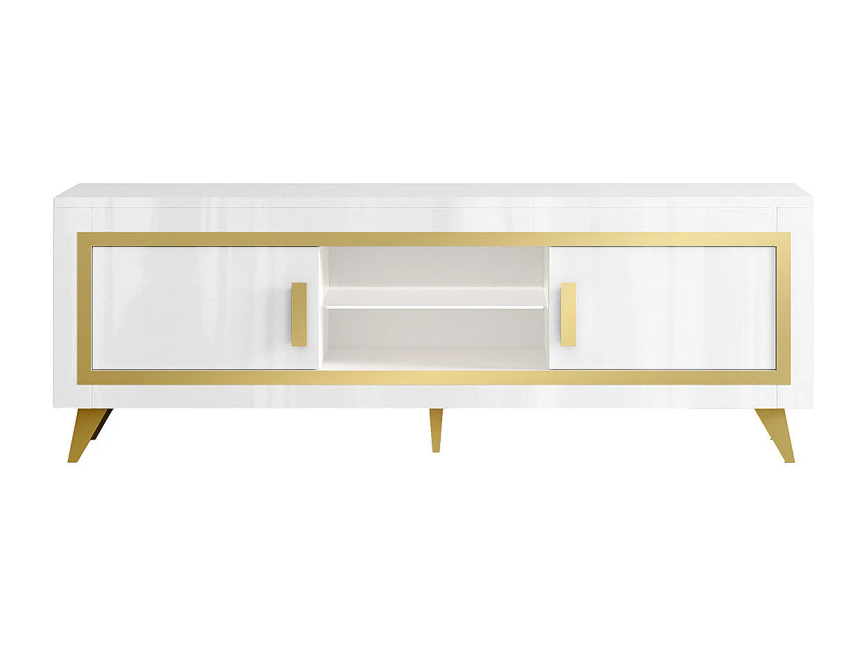 JEMMA - Ensemble Salon Complet Blanc Décor Doré Meuble TV et Vitrines avec Leds + Table Basse