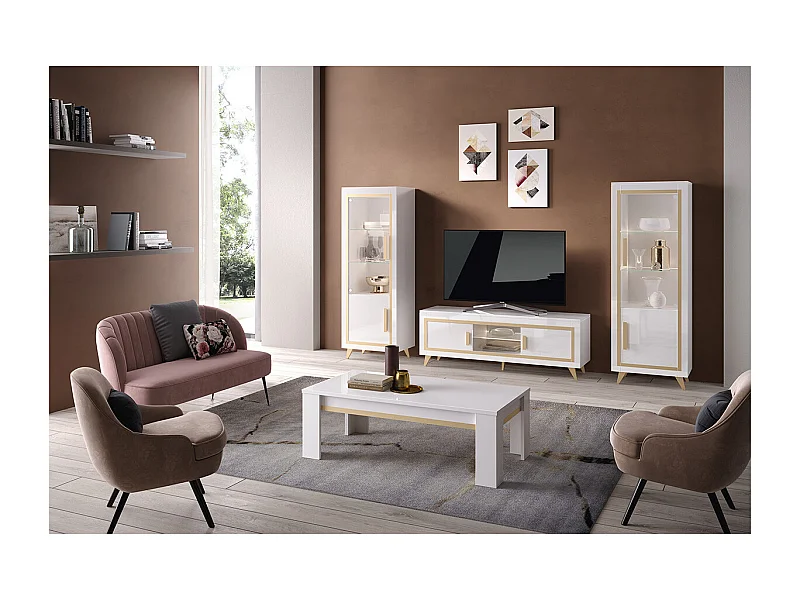 JEMMA - Ensemble Salon Complet Blanc Décor Doré Meuble TV et Vitrines avec Leds + Table Basse
