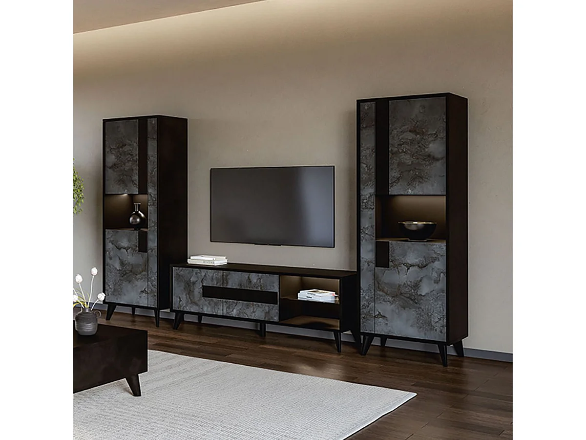 SEATTLE - Ensemble Salon Complet Noir et Effet Métal Oxydé Meuble TV et Colonnes avec Leds + Table Basse