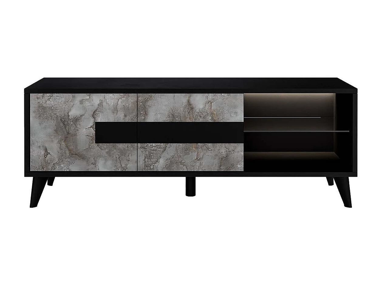 SEATTLE - Ensemble Salon Complet Noir et Effet Métal Oxydé Meuble TV et Colonnes avec Leds + Table Basse