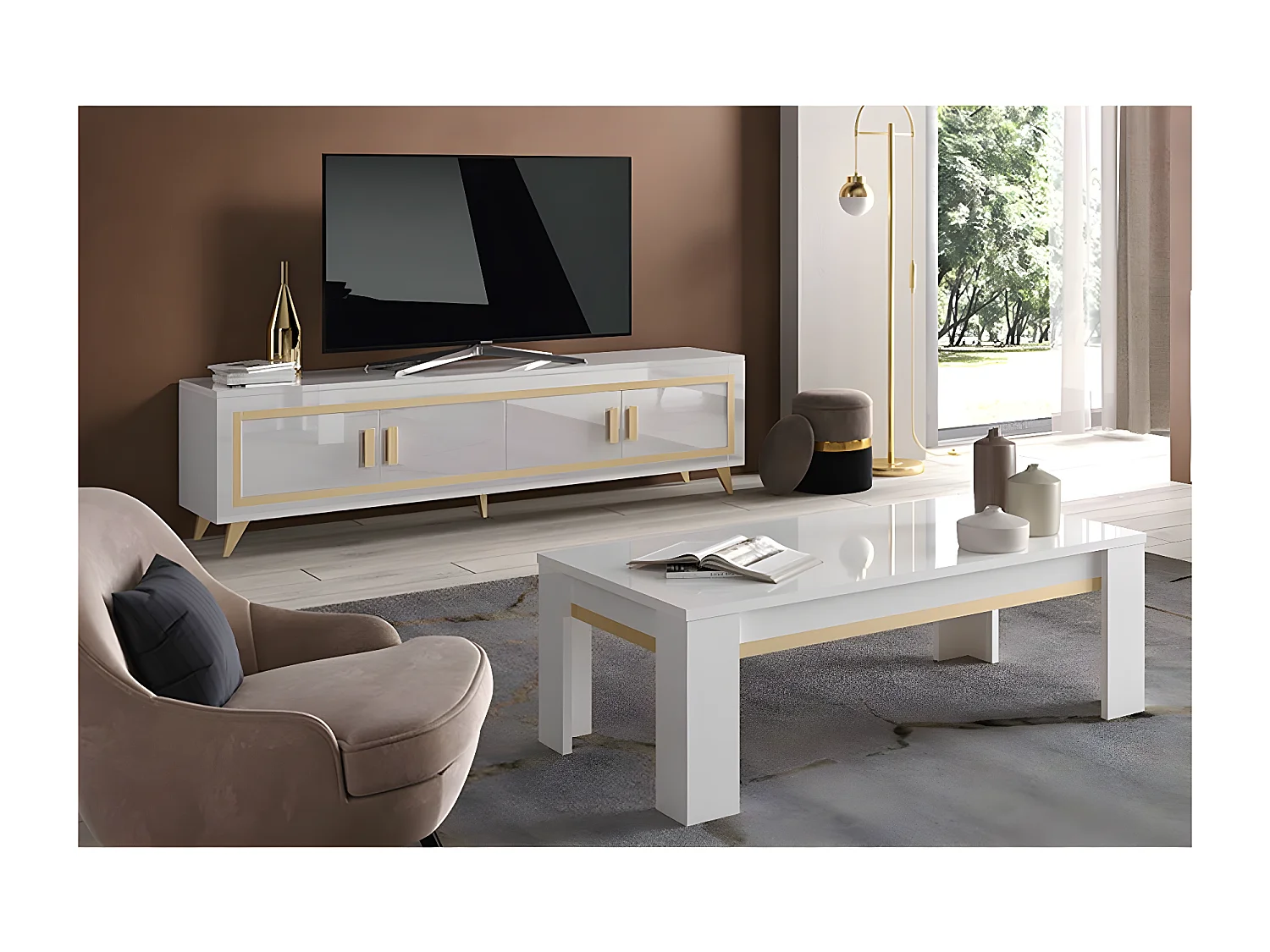 JEMMA - Ensemble Salon Blanc Décor Doré Meuble TV + Table Basse