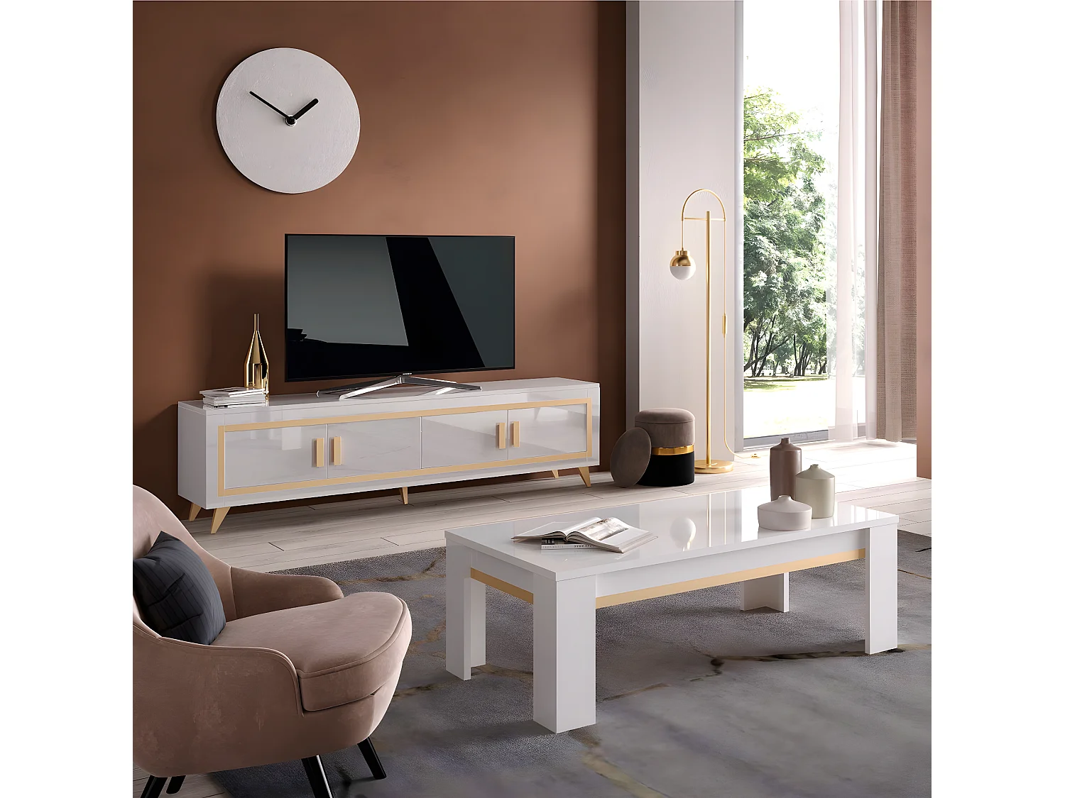 JEMMA - Ensemble Salon Blanc Décor Doré Meuble TV + Table Basse