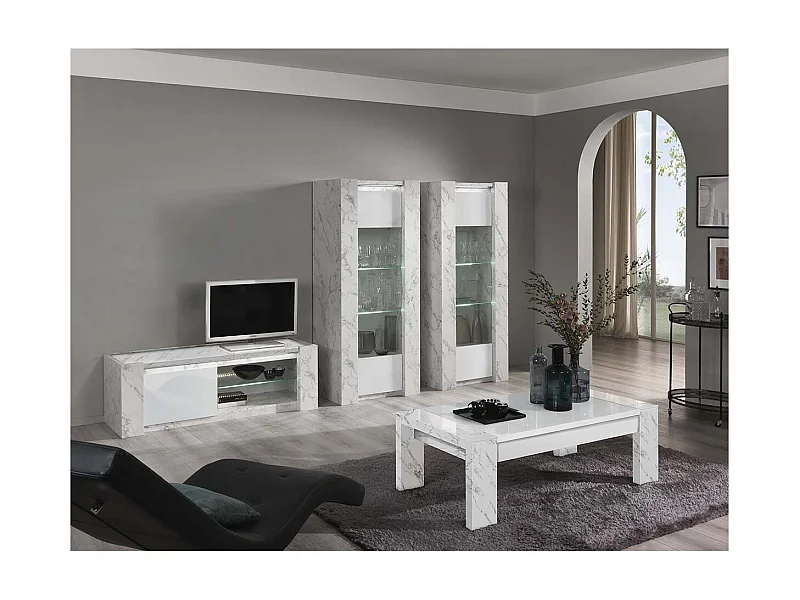 PRAVA - Ensemble Salon Complet Blanc et Effet Marbre Meuble TV et Vitrines avec Leds + Table Basse