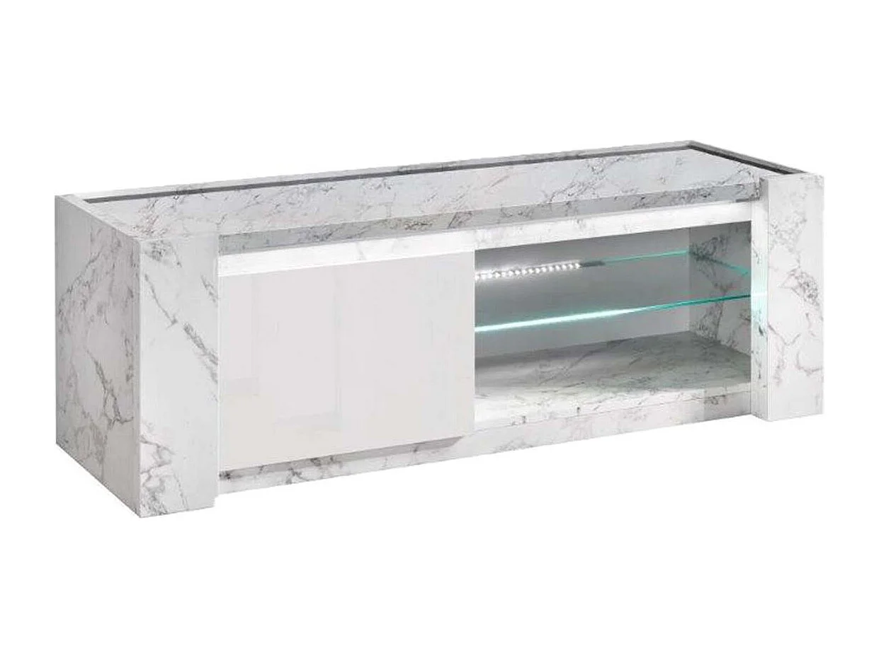 PRAVA - Ensemble Salon Complet Blanc et Effet Marbre Meuble TV et Vitrines avec Leds + Table Basse