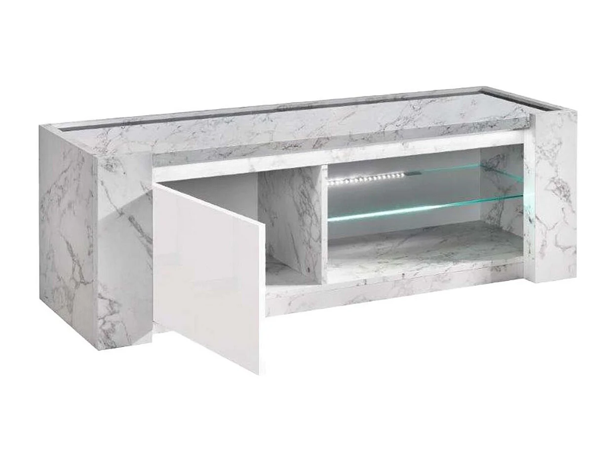 PRAVA - Ensemble Salon Complet Blanc et Effet Marbre Meuble TV et Vitrines avec Leds + Table Basse