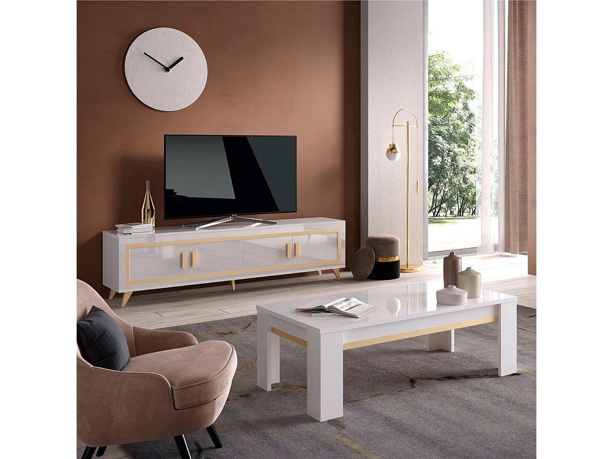 JEMMA - Ensemble Salon Blanc Décor Doré Meuble TV + Buffet avec Leds + Table Basse