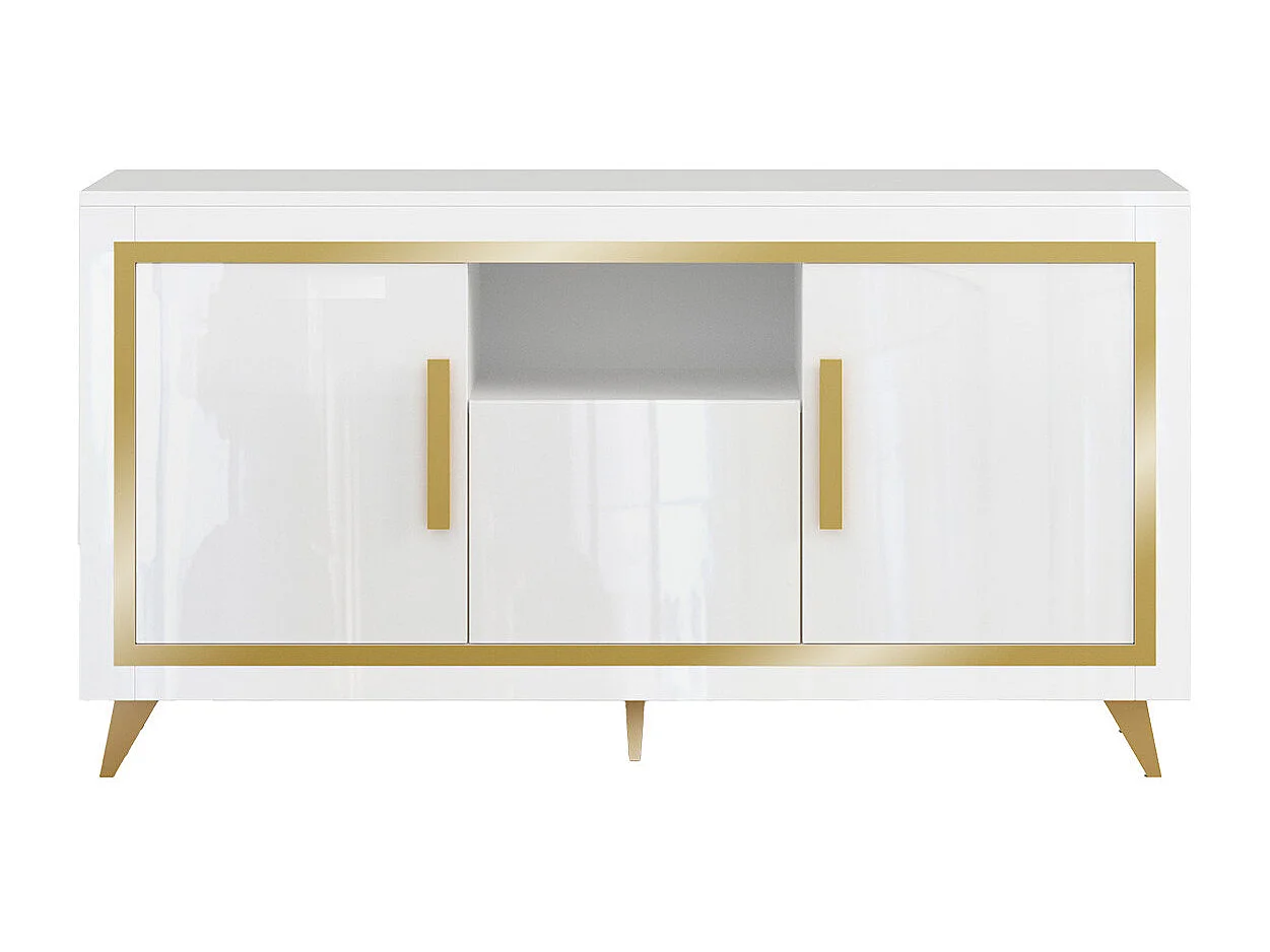 JEMMA - Ensemble Salon Blanc Décor Doré Meuble TV + Buffet avec Leds + Table Basse