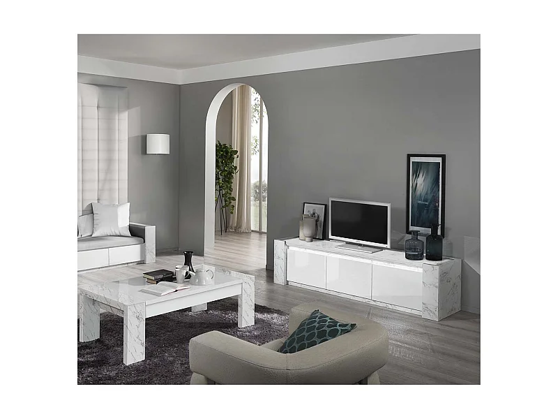 PRAVA - Ensemble Salon Blanc et Effet Marbre Meuble TV avec Leds + Table Basse