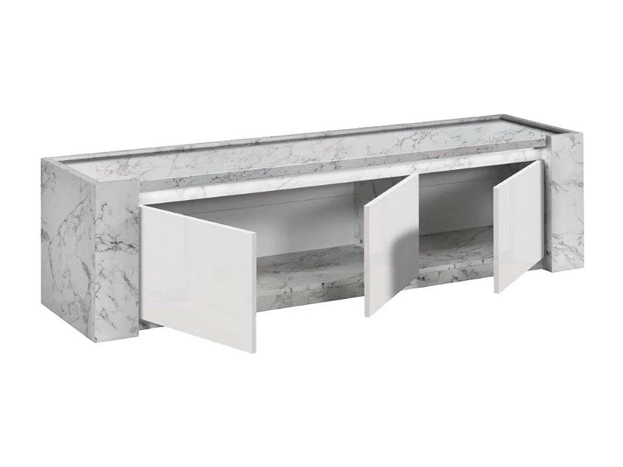 PRAVA - Ensemble Salon Blanc et Effet Marbre Meuble TV avec Leds + Table Basse