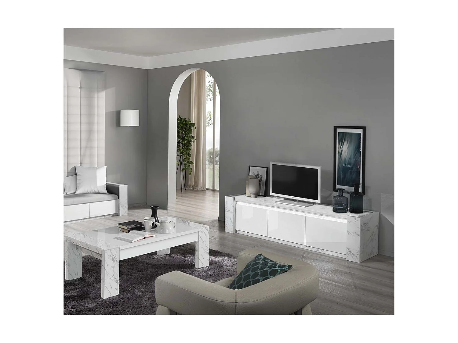 PRAVA - Ensemble Salon Blanc et Effet Marbre Meuble TV avec Leds + Table Basse