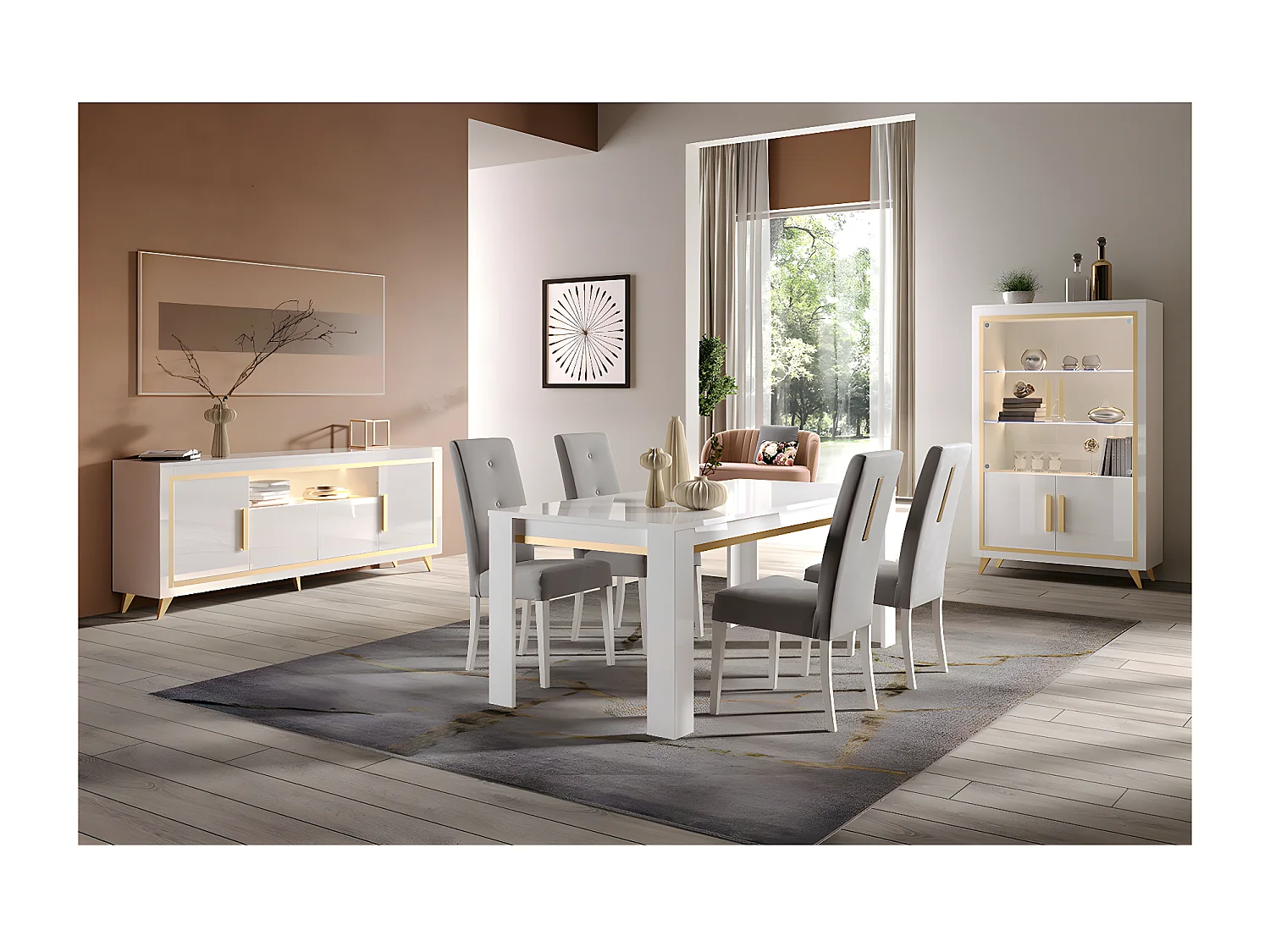 JEMMA - Ensemble Séjour Complet Blanc Décor Doré Table 160cm + Buffet et Vitrine avec Leds