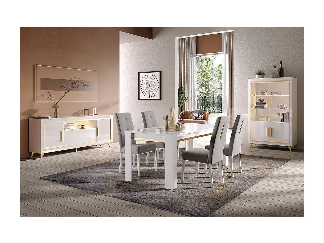 JEMMA - Ensemble Séjour Complet Blanc Décor Doré Table 160cm + Buffet et Vitrine avec Leds