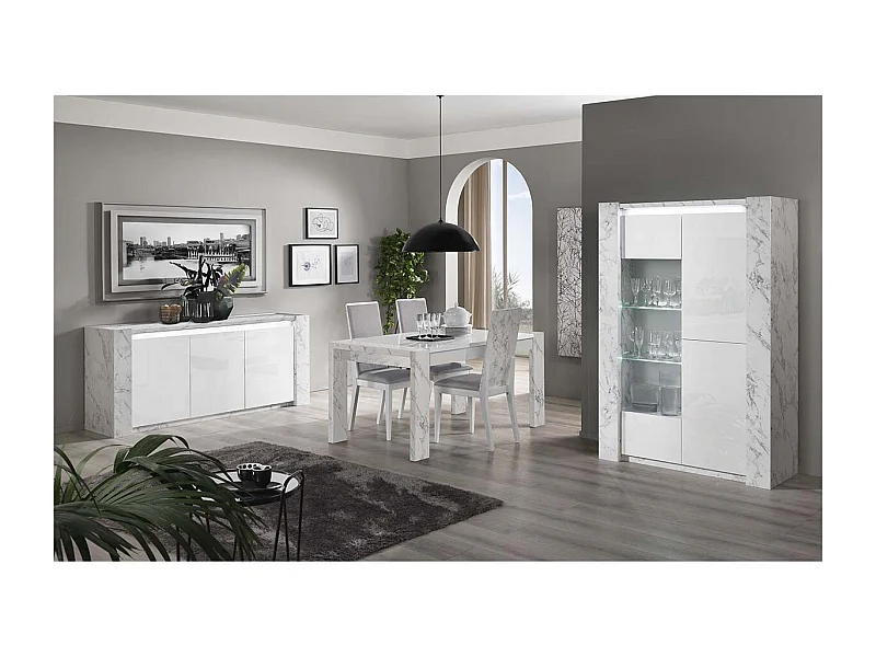 PRAVA - Ensemble Séjour Complet Blanc et Effet Marbre Table 160cm + Buffet et Vitrine avec Leds