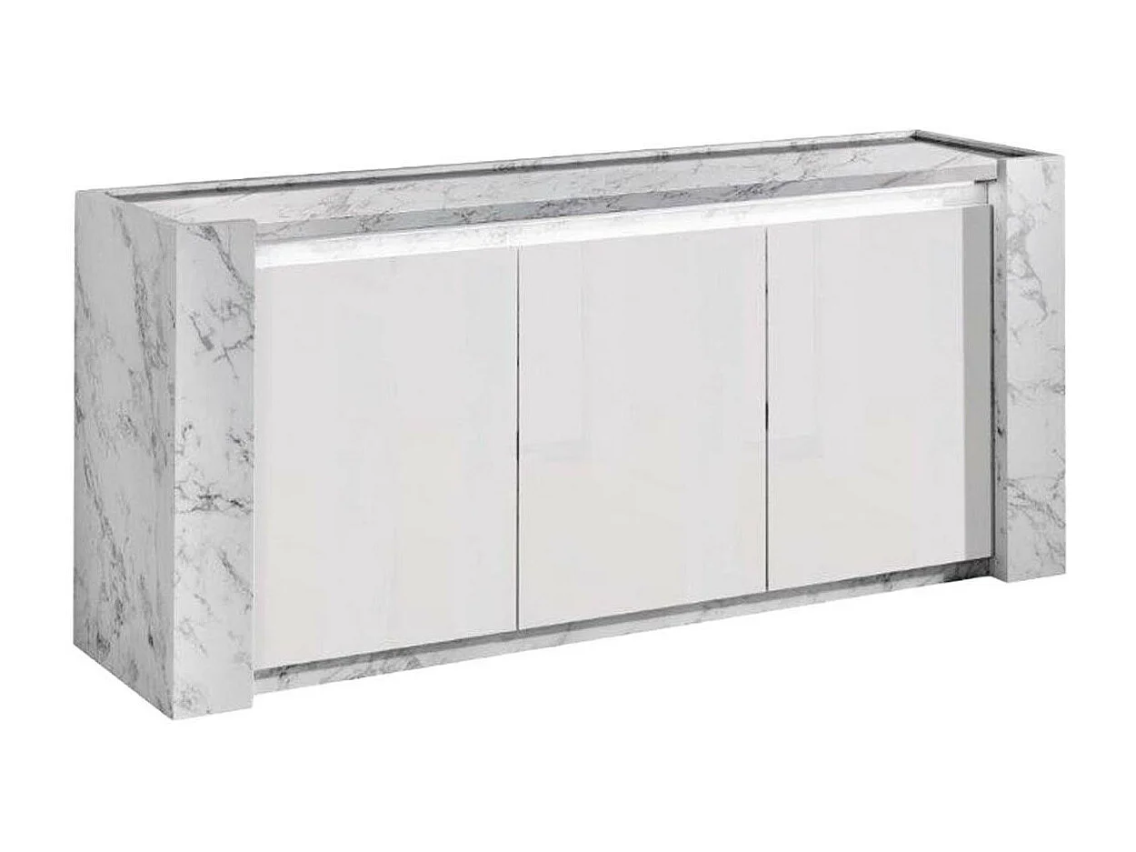 PRAVA - Ensemble Séjour Complet Blanc et Effet Marbre Table 160cm + Buffet et Vitrine avec Leds