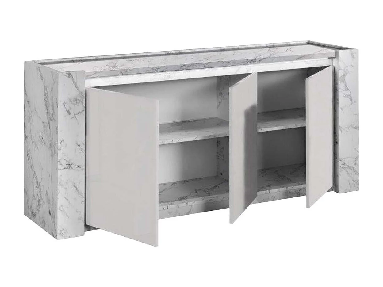 PRAVA - Ensemble Séjour Complet Blanc et Effet Marbre Table 160cm + Buffet et Vitrine avec Leds