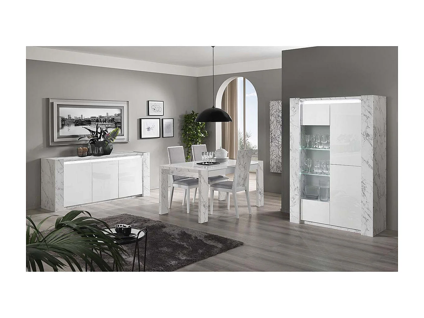PRAVA - Ensemble Séjour Complet Blanc et Effet Marbre Table 160cm + Buffet et Vitrine avec Leds
