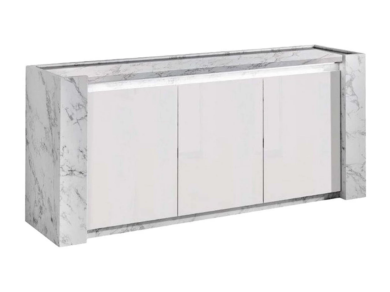 PRAVA - Ensemble Séjour Complet Blanc et Effet Marbre Table 160cm + Buffet et Vitrine avec Leds