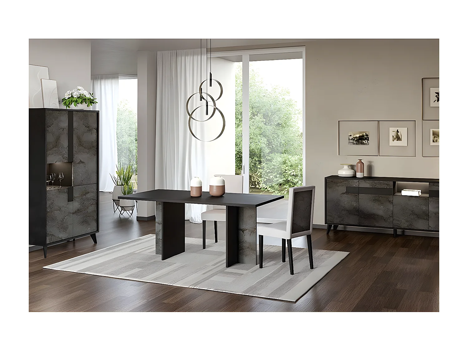 SEATTLE - Ensemble Séjour Complet Noir et Effet Métal Oxydé Table 160cm + Buffet et Vaisselier avec Leds