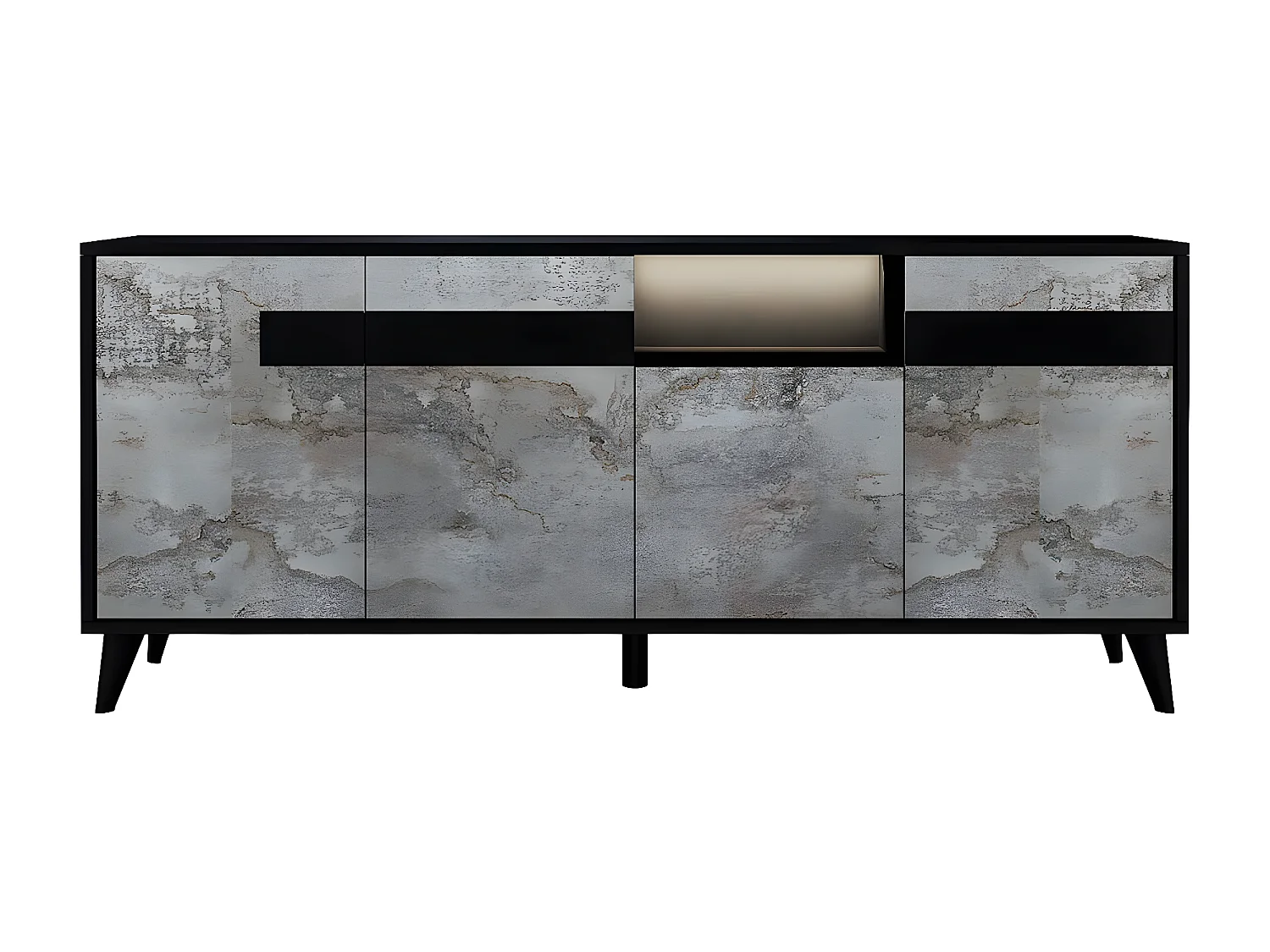 SEATTLE - Ensemble Séjour Complet Noir et Effet Métal Oxydé Table 160cm + Buffet et Vaisselier avec Leds