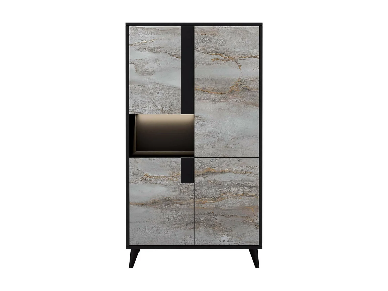 SEATTLE - Ensemble Séjour Complet Noir et Effet Métal Oxydé Table 160cm + Buffet et Vaisselier avec Leds