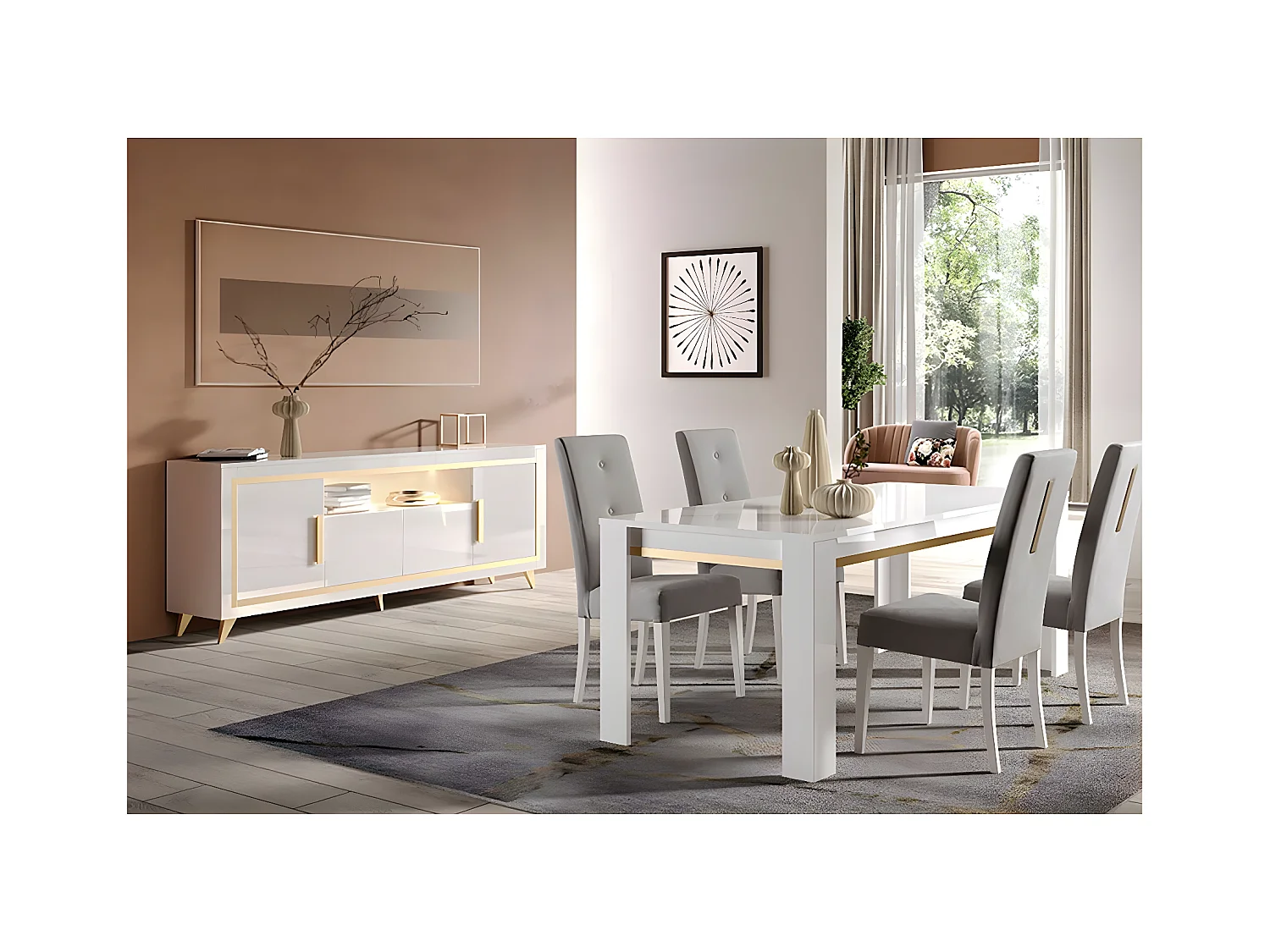JEMMA - Ensemble Séjour Blanc Décor Doré Table 160cm + Buffet avec Leds