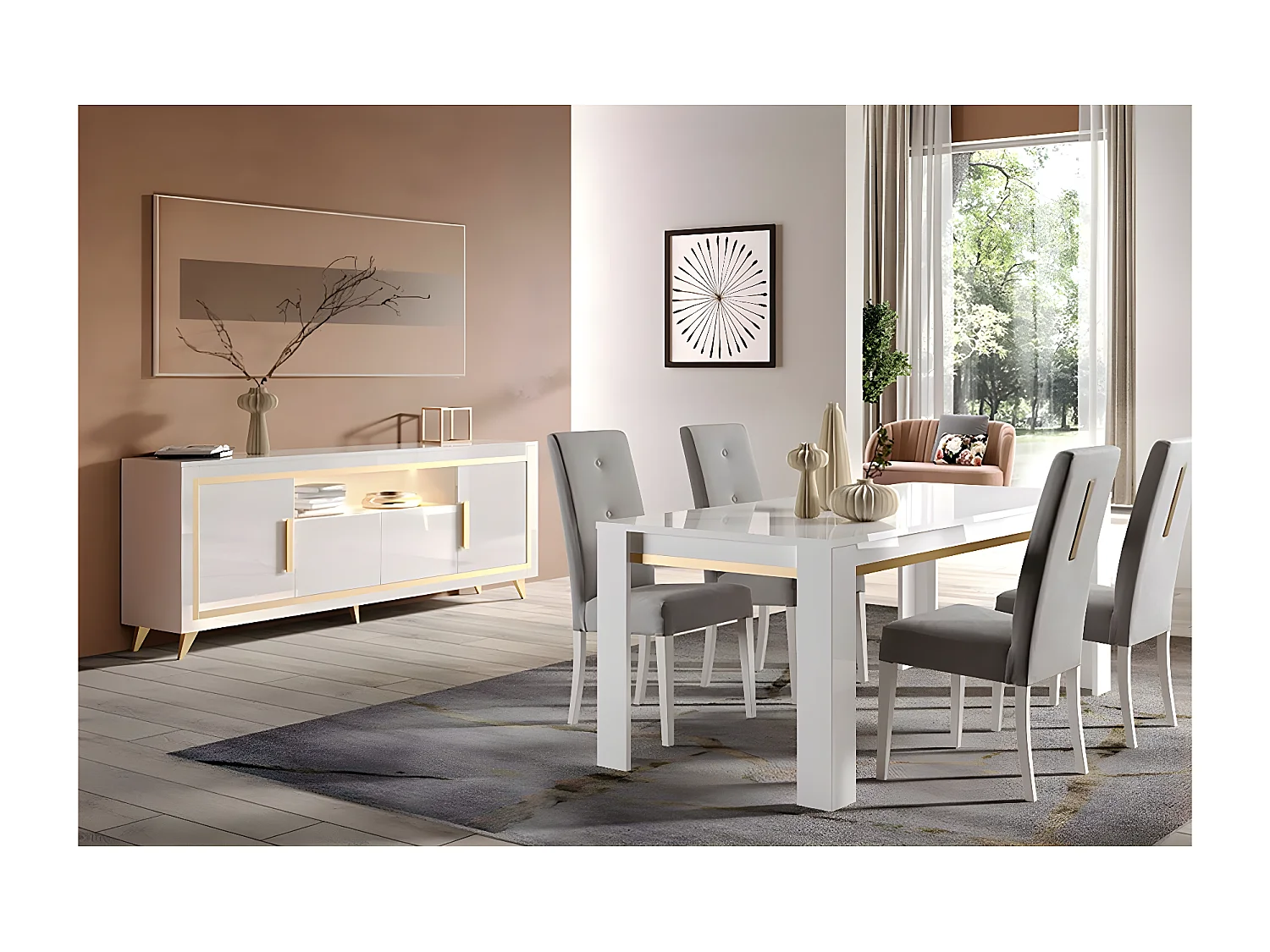 JEMMA - Ensemble Séjour Blanc Décor Doré Table 160cm + Buffet avec Leds