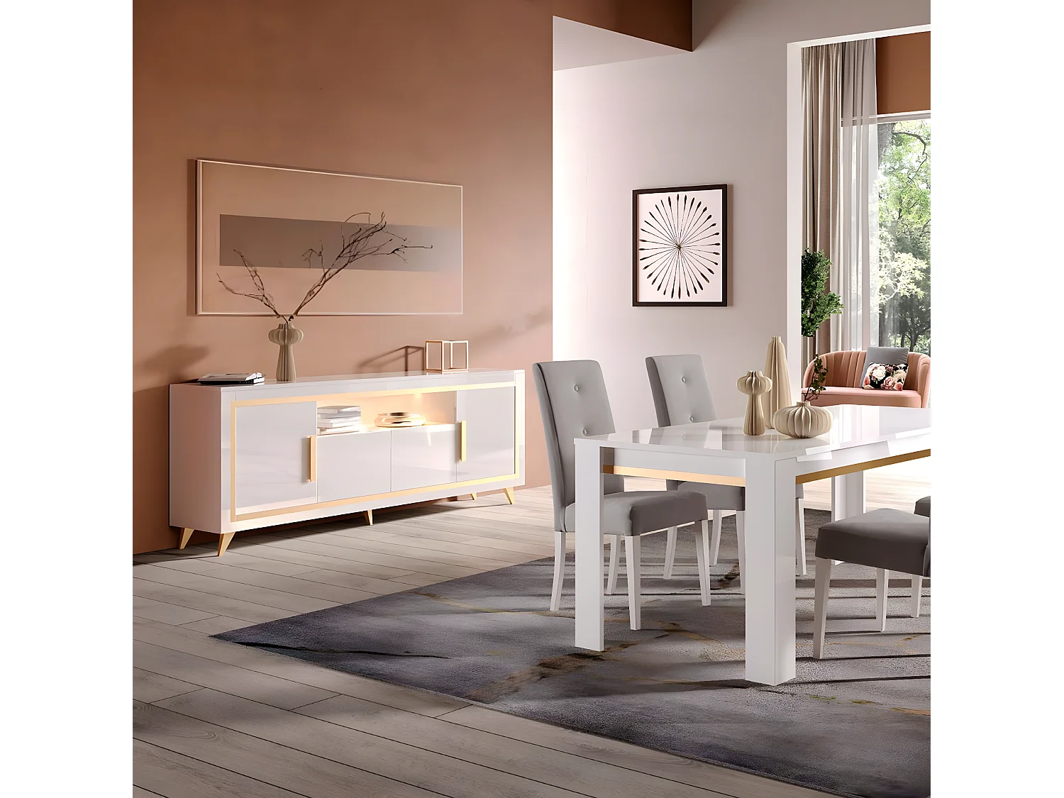 JEMMA - Ensemble Séjour Blanc Décor Doré Table 160cm + Buffet avec Leds