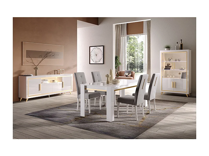JEMMA - Ensemble Séjour Complet Blanc Décor Doré Table 190cm + Buffet et Vitrine avec Leds