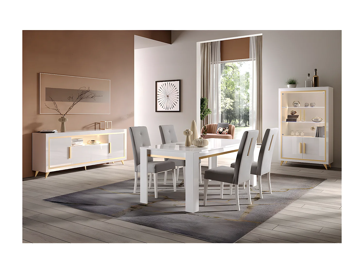 JEMMA - Ensemble Séjour Complet Blanc Décor Doré Table 190cm + Buffet et Vitrine avec Leds