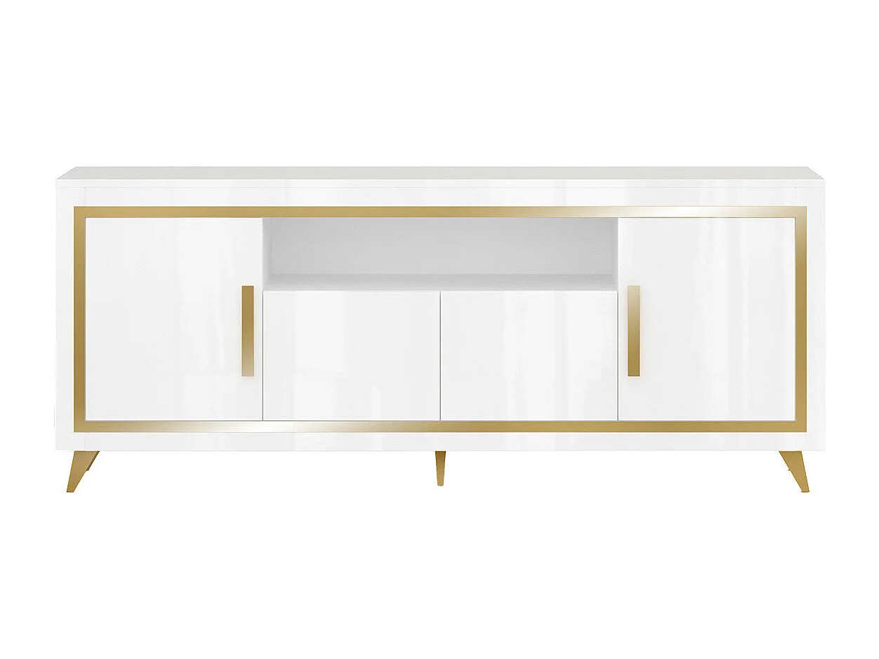 JEMMA - Ensemble Séjour Complet Blanc Décor Doré Table 190cm + Buffet et Vitrine avec Leds