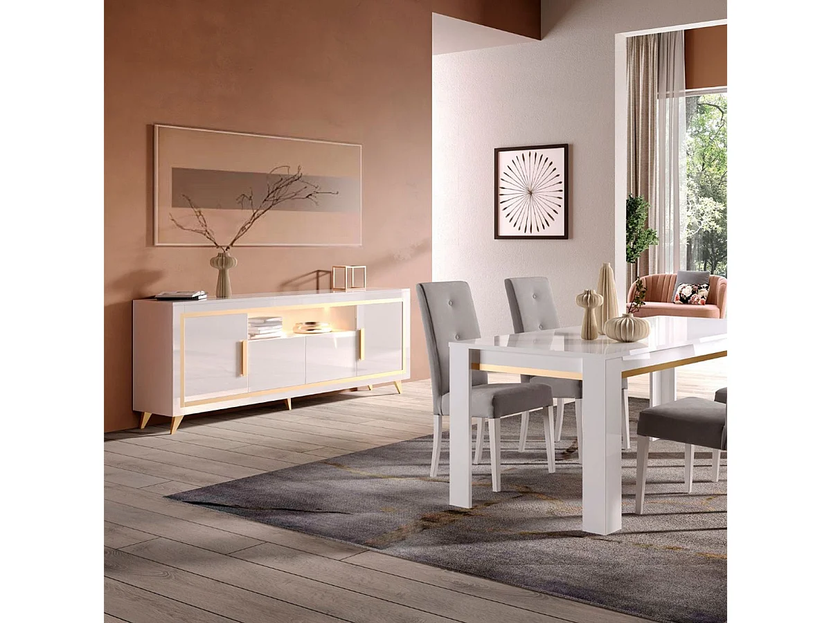 JEMMA - Ensemble Séjour Complet Blanc Décor Doré Table 190cm + Buffet et Vitrine avec Leds