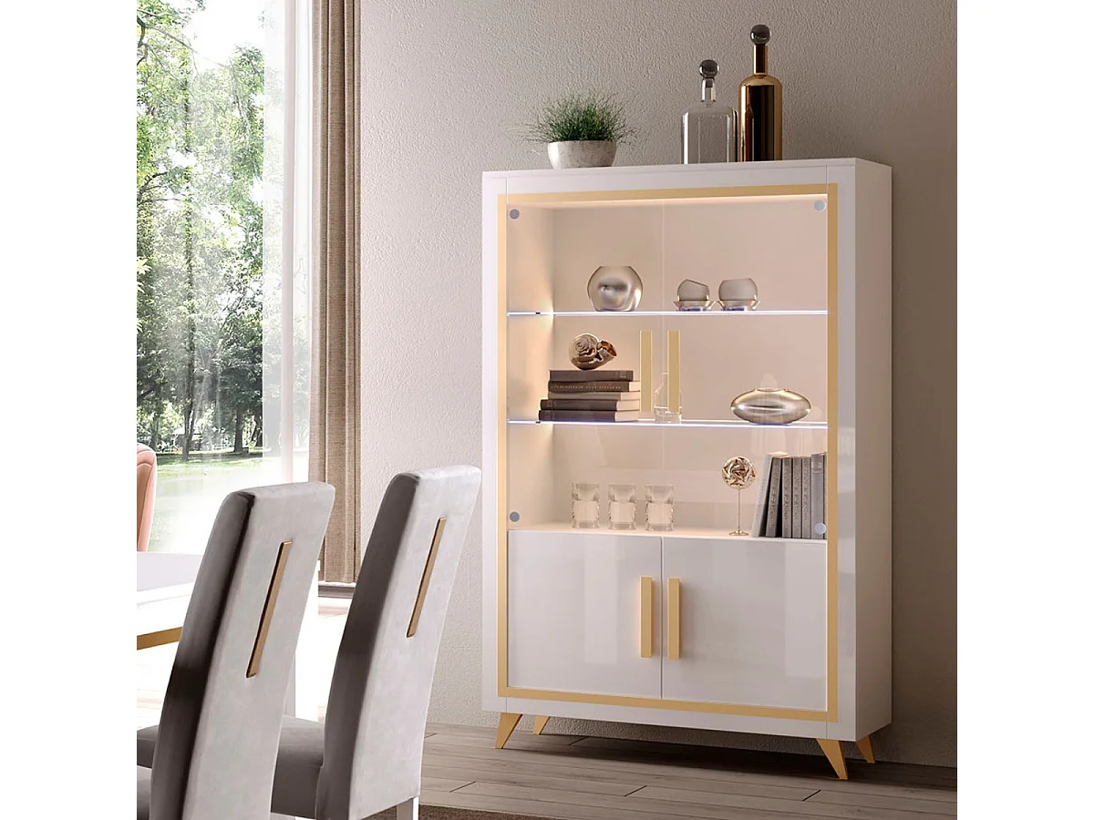 JEMMA - Ensemble Séjour Complet Blanc Décor Doré Table 190cm + Buffet et Vitrine avec Leds