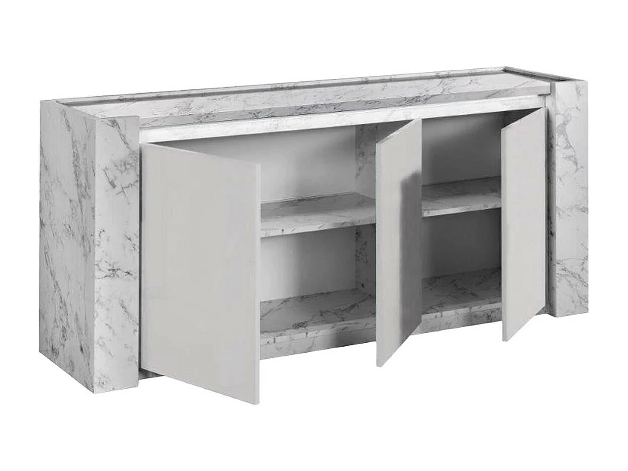 PRAVA - Ensemble Séjour Blanc et Effet Marbre Table 160cm + Buffet avec Leds