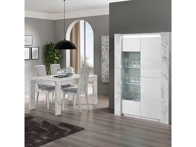 PRAVA - Ensemble Séjour Blanc et Effet Marbre Table 160cm + Vitrine avec Leds