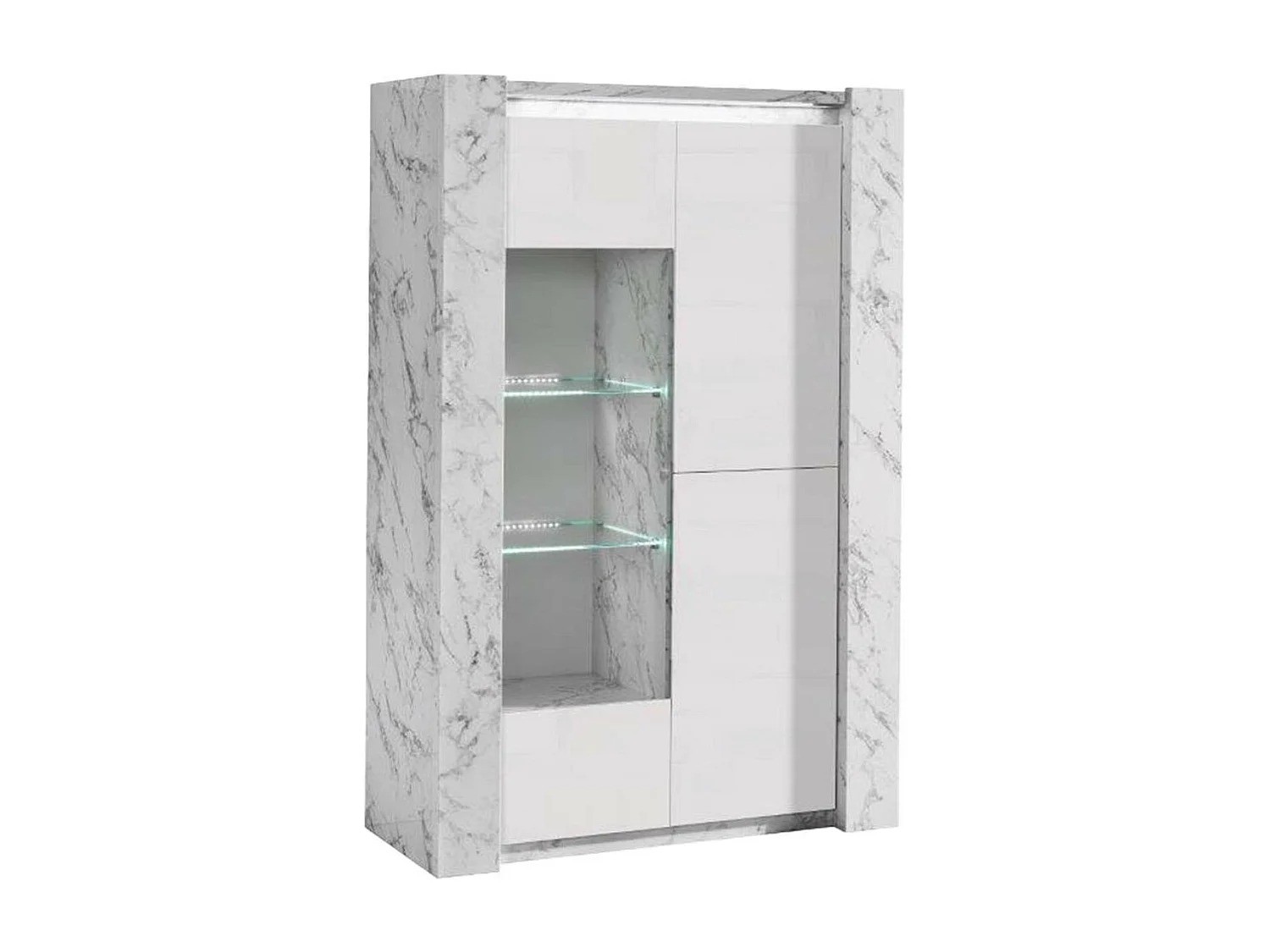 PRAVA - Ensemble Séjour Blanc et Effet Marbre Table 160cm + Vitrine avec Leds