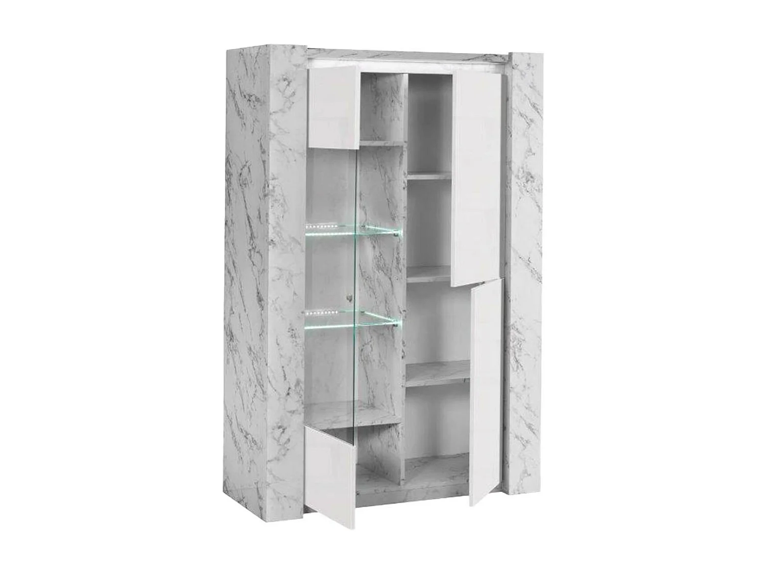 PRAVA - Ensemble Séjour Blanc et Effet Marbre Table 160cm + Vitrine avec Leds