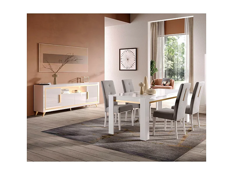 JEMMA - Ensemble Séjour Blanc Décor Doré Table 190cm + Buffet avec Leds