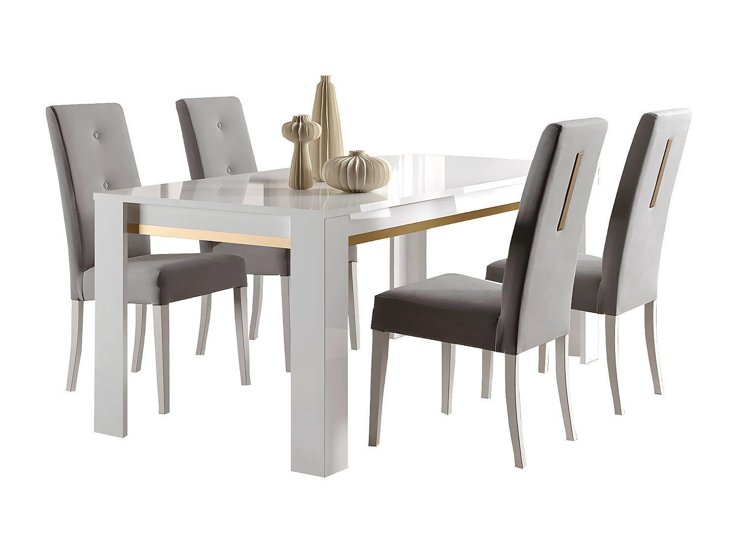JEMMA - Ensemble Séjour Blanc Décor Doré Table 190cm + Buffet avec Leds