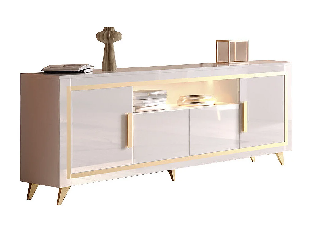 JEMMA - Ensemble Séjour Blanc Décor Doré Table 190cm + Buffet avec Leds