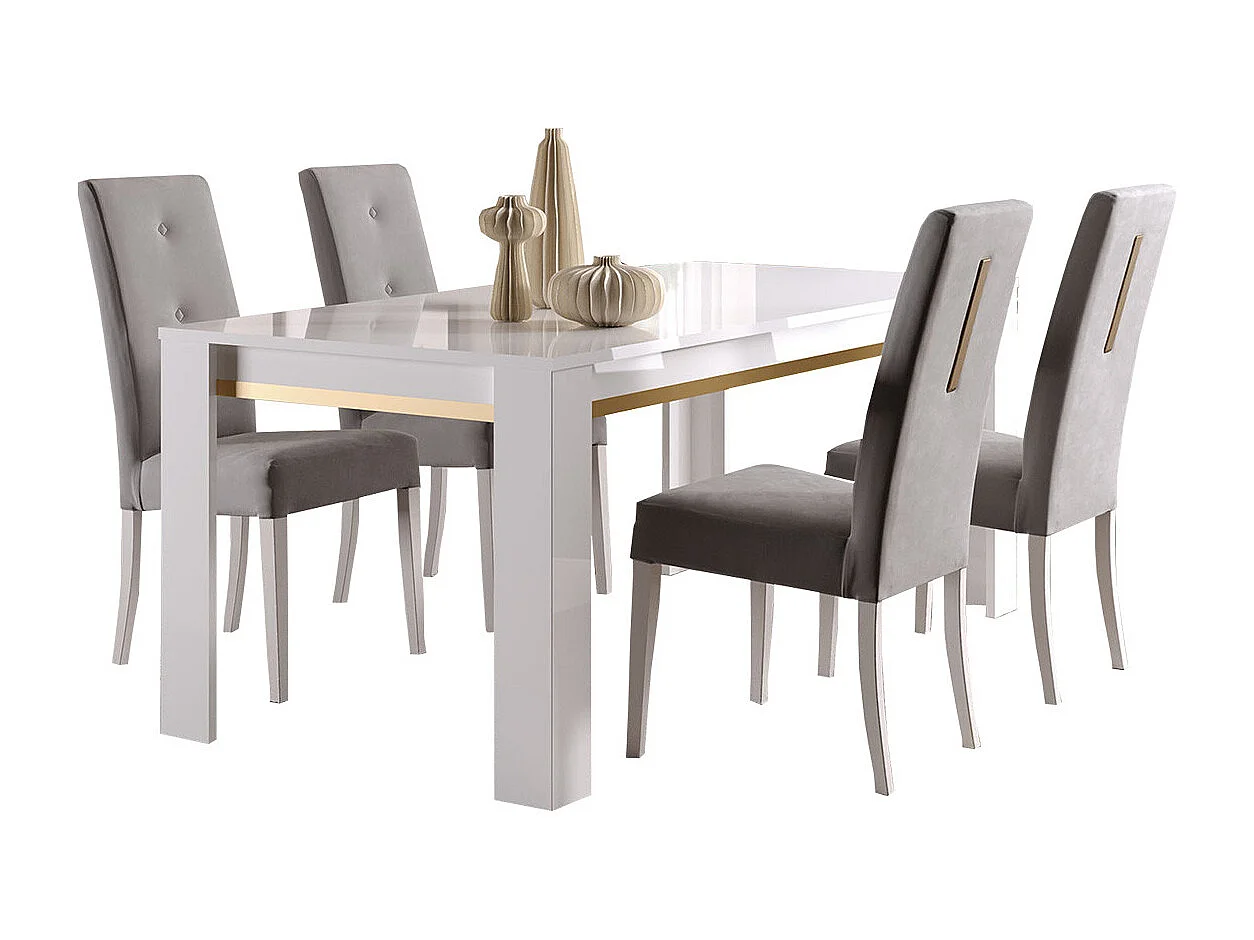 JEMMA - Ensemble Séjour Blanc Décor Doré Table 190cm + Buffet avec Leds